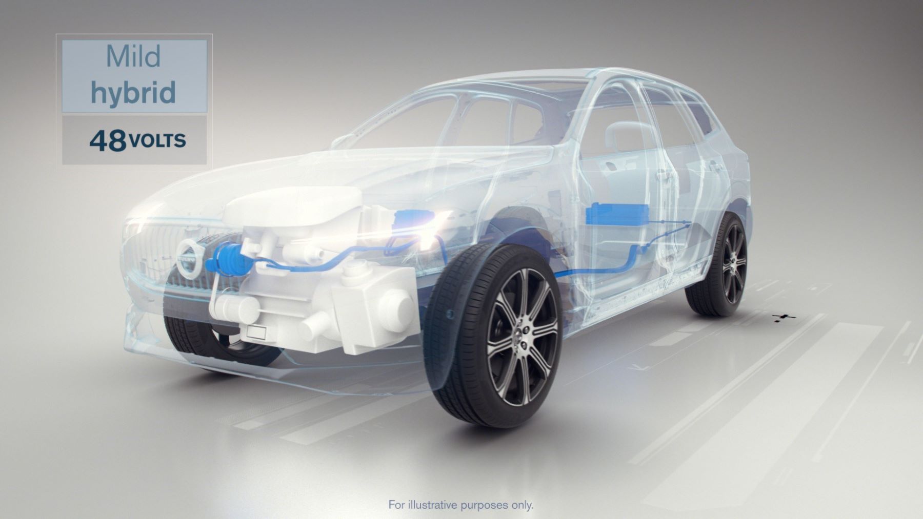 An animation visualization of Volvo's 48-volt mild hybrid system