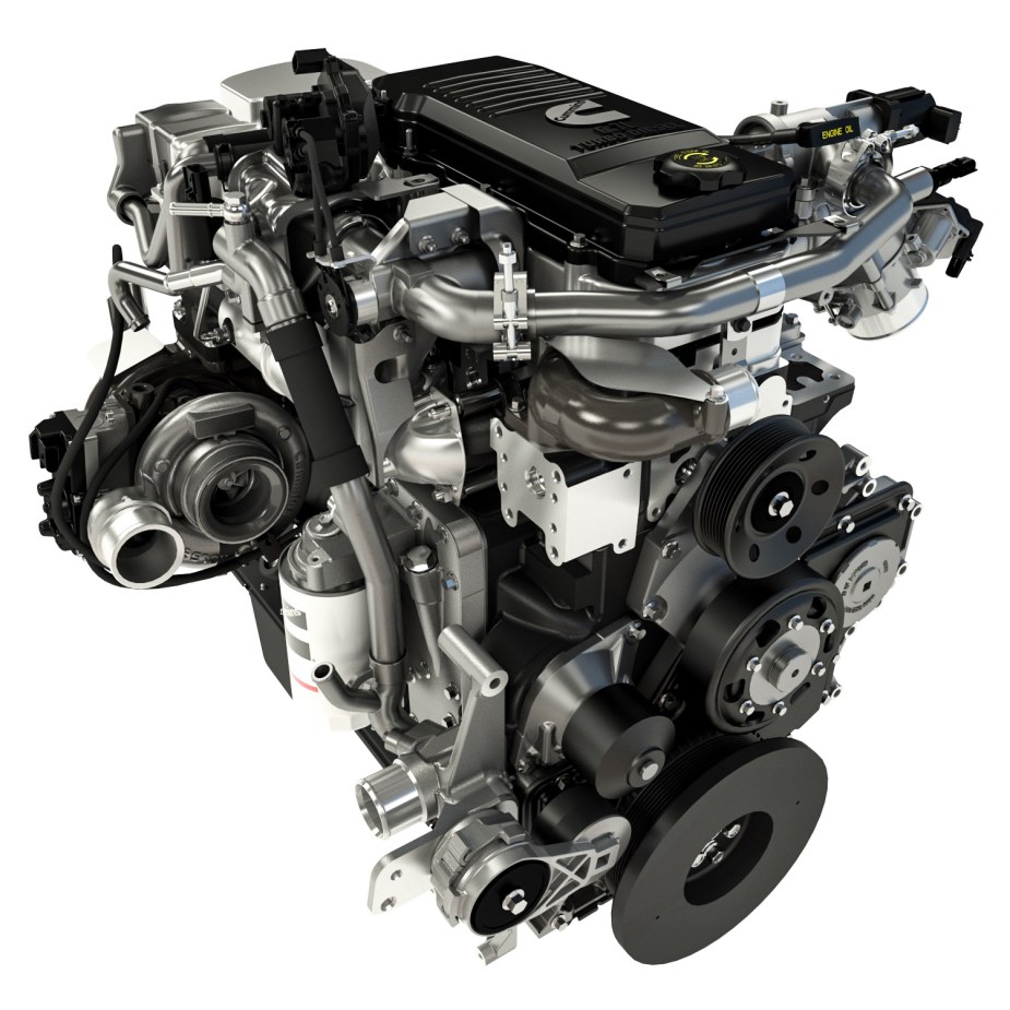 Promo photos of a 6.7-liter Cummins I6 diesel engine from a heavy-duty Ram truck, with its turbocharger visible.