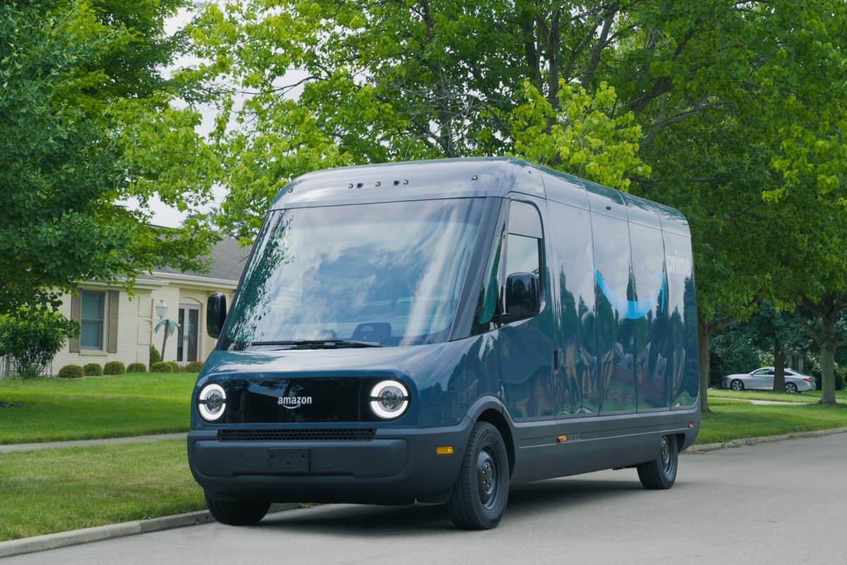 Rivian cargo van with an Amazon logo