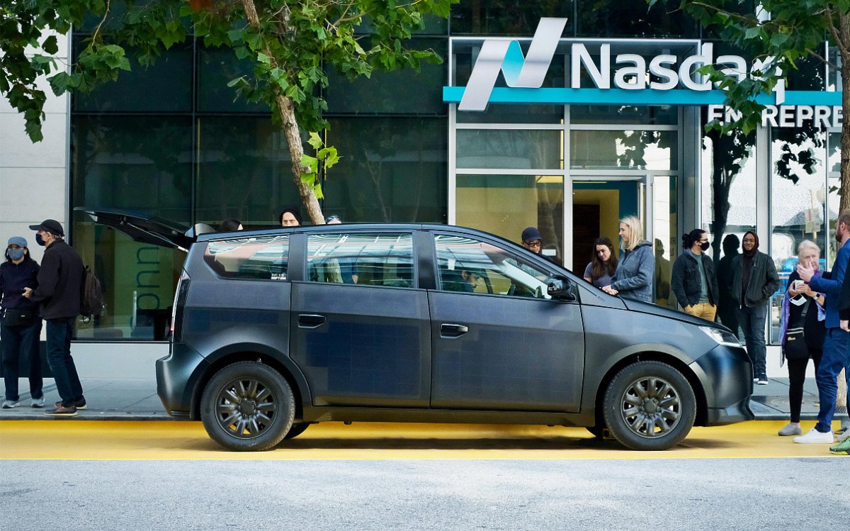 Sono Sion car at the NASDAQ offices