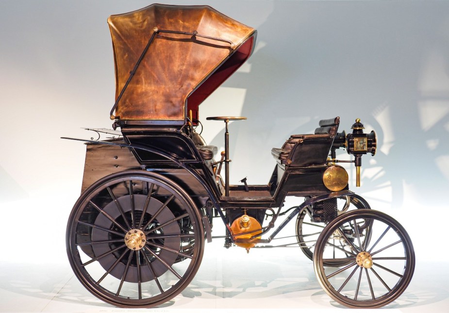 1896 Mercedes-Benz "Riemenwagen" Vis-a-Vis at Mercedes-Benz Museum, highlighting where the word "car" comes from