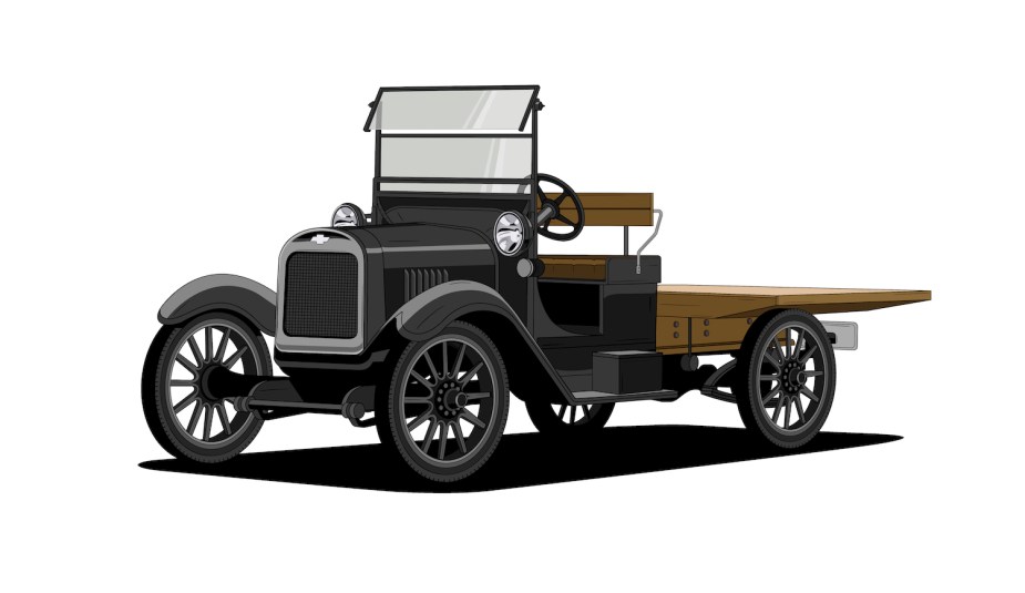 Drawing of original 1918 Chevy pickup truck with one ton chassis and cab.