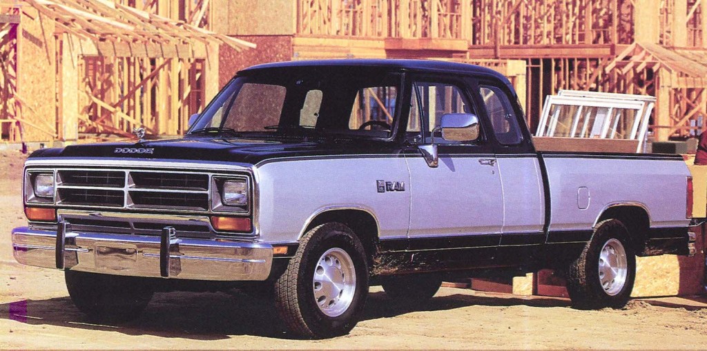 Two-tone first-gen Dodge Ram pickup truck.