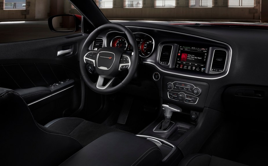 The 2017 Dodge Charger Scat Pack has a spartan interior compared to more modern sedans. 