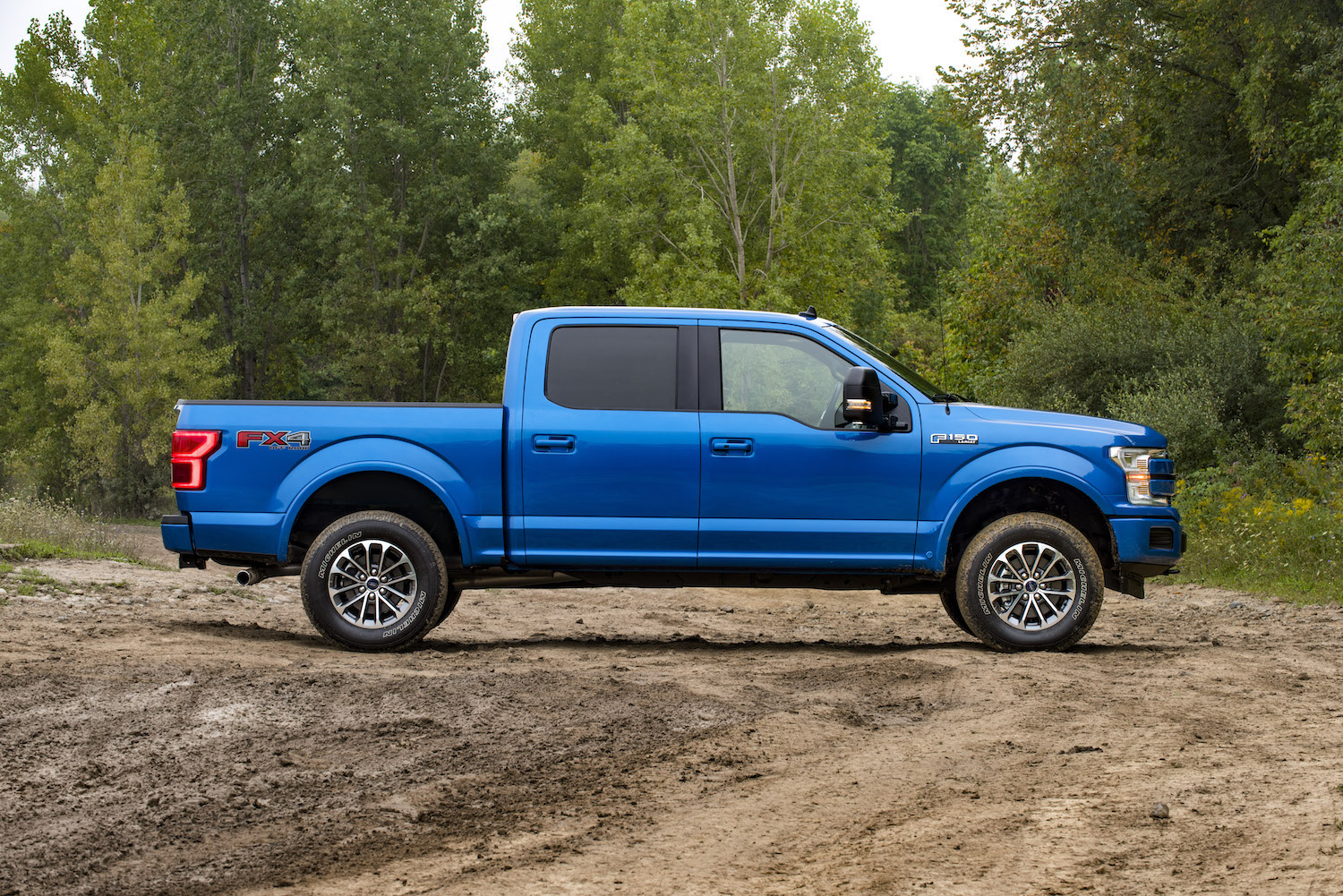 Blue Ford F-150 full-size pickup truck parked on a dirt parking lot, trees visible in the background.