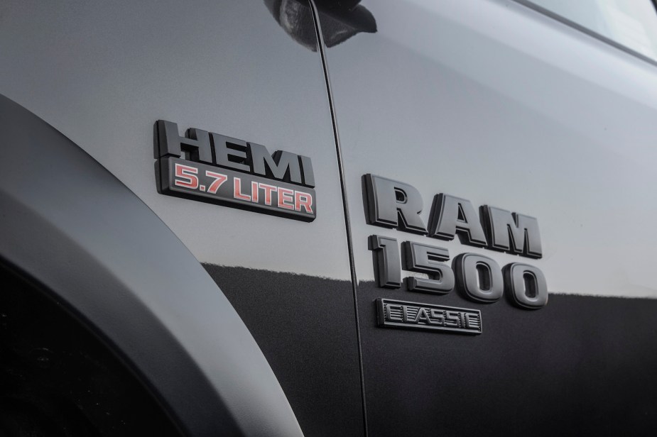 Detail shot of the badges of a Ram 1500 Classic pickup truck which features an MSRP below $35k.