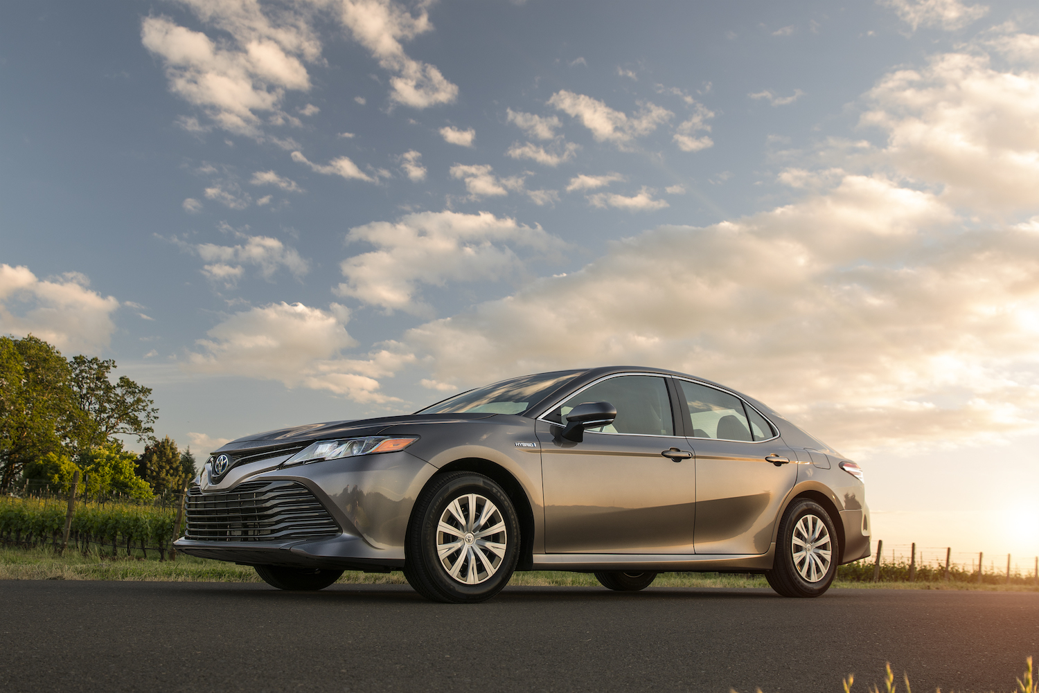A 2020 Toyota Camry Hybrid car parked in the sun
