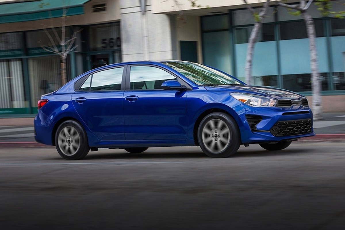 A blue 2023 Kia Rio which has one of the cheapest 5-year ownership costs.