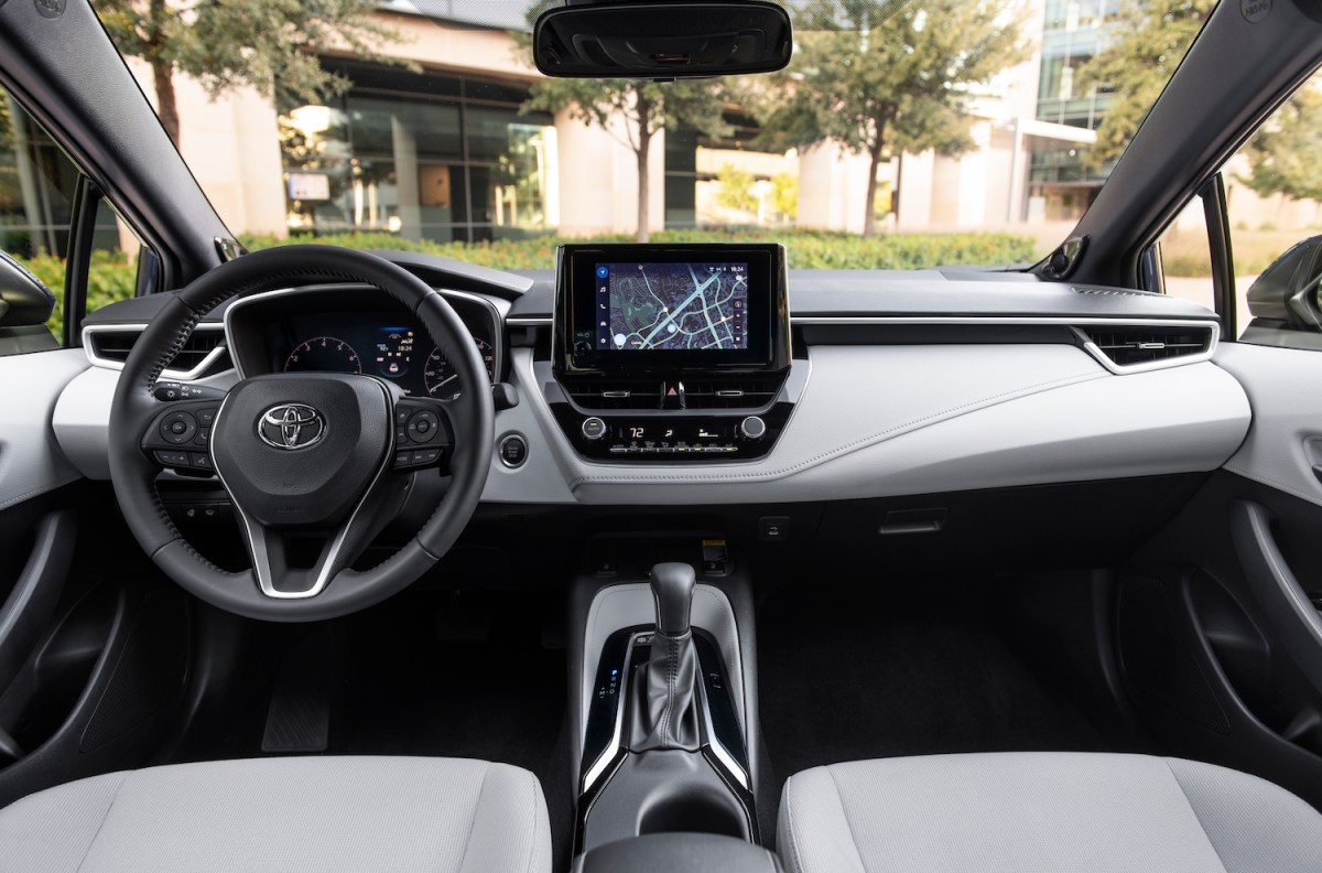 The interior of the 2023 Toyota Corolla Hatchback sports a large touchscreen infotainment display
