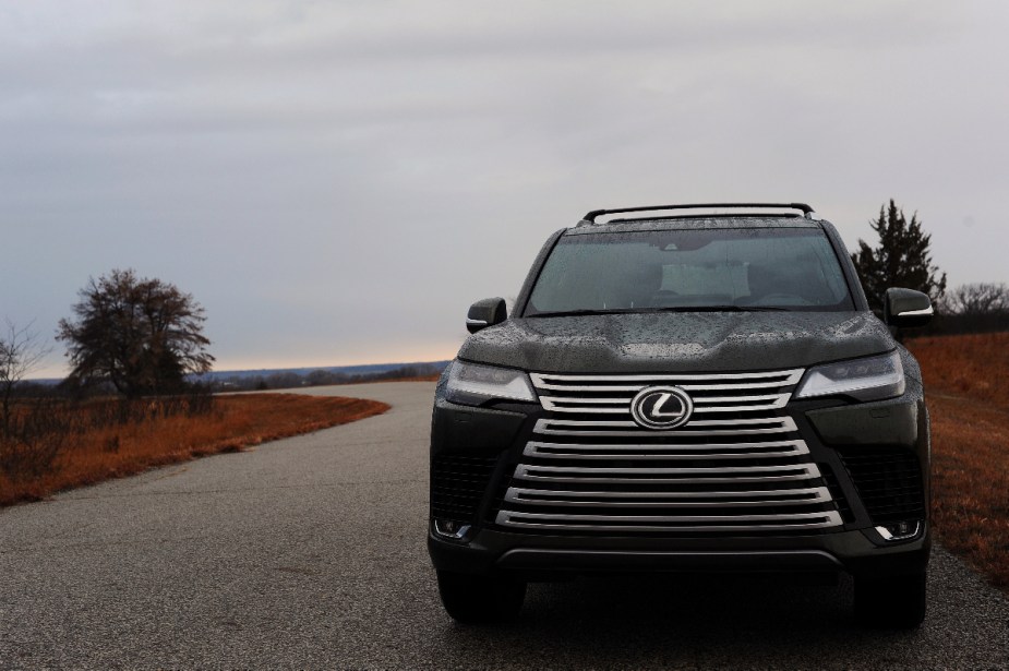 The front-end of the 2022 Lexus LX600 shows a massive grille for a full-size SUV.