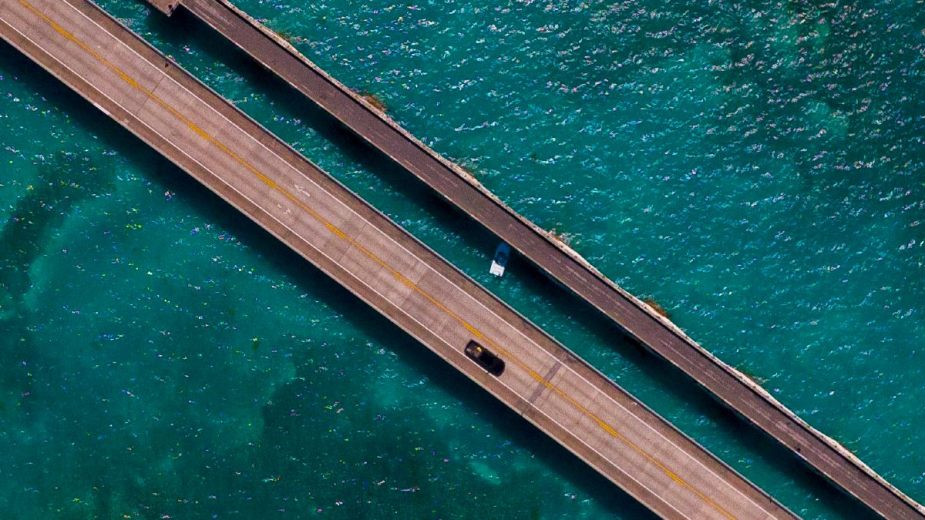Aerial view of U.S. Route 1 Overseas Highway in Florida, the state with the most dangerous roads in America