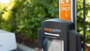 A Chargepoint Level 2 electric vehicle (EV) charger at Googleplex in Silicon Valley in Mountain View, California