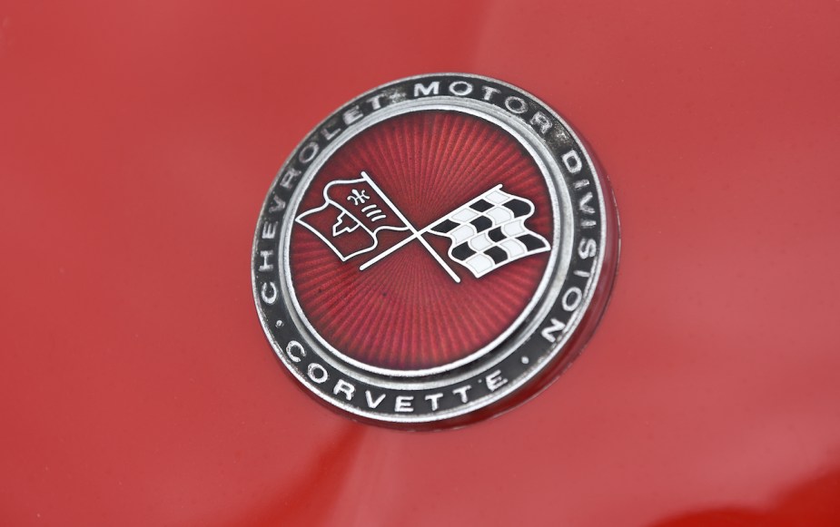 A bonnet badge on a Chevrolet Corvette Stingray.