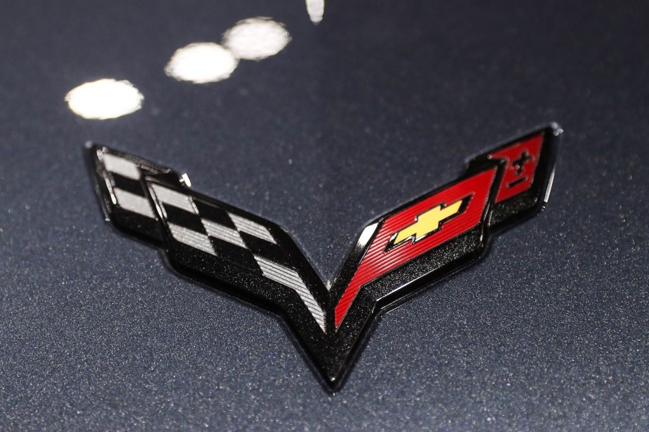 Corvette logo is seen during the New York International Auto Show.