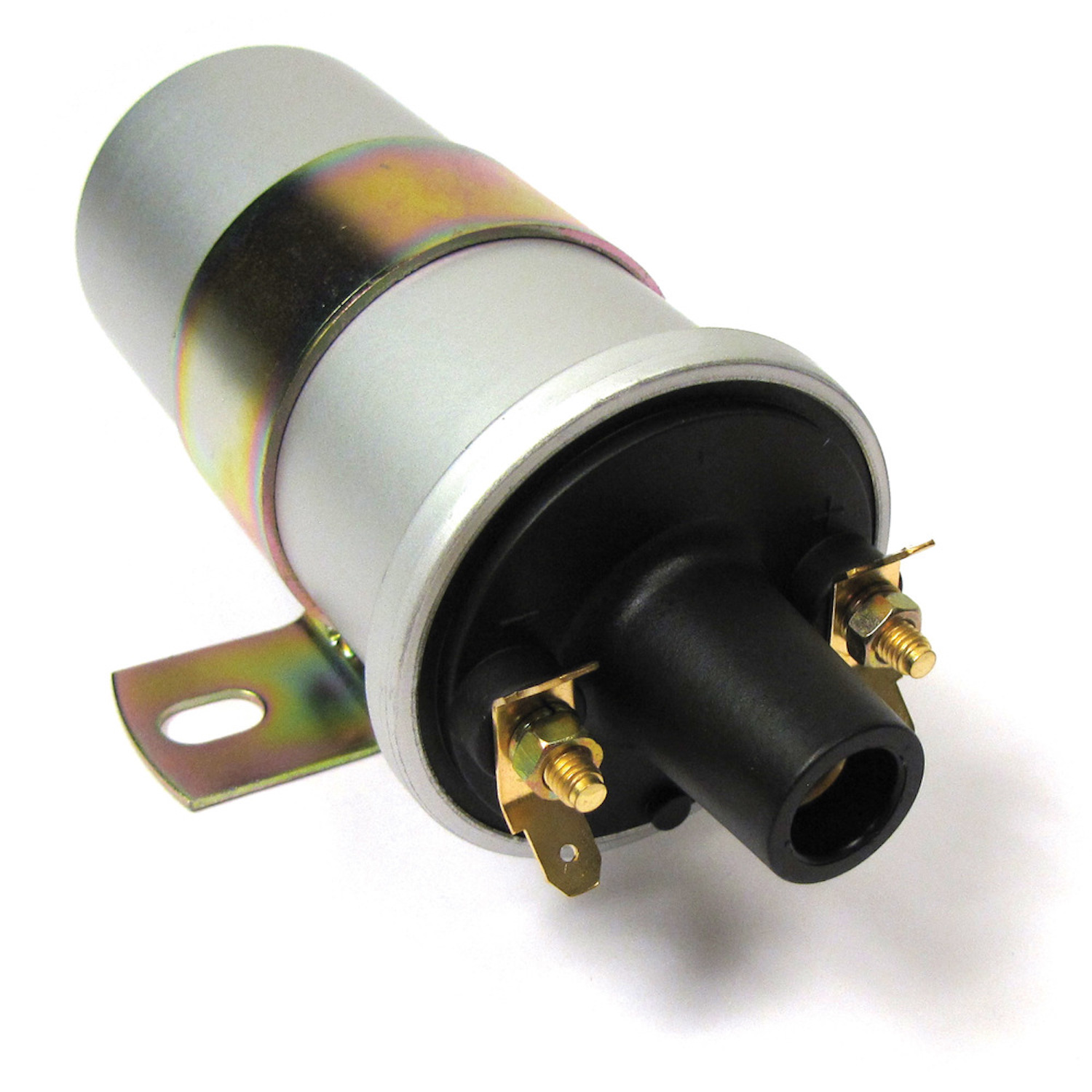 A product photo of a single silver, distributor-type ignition coil.