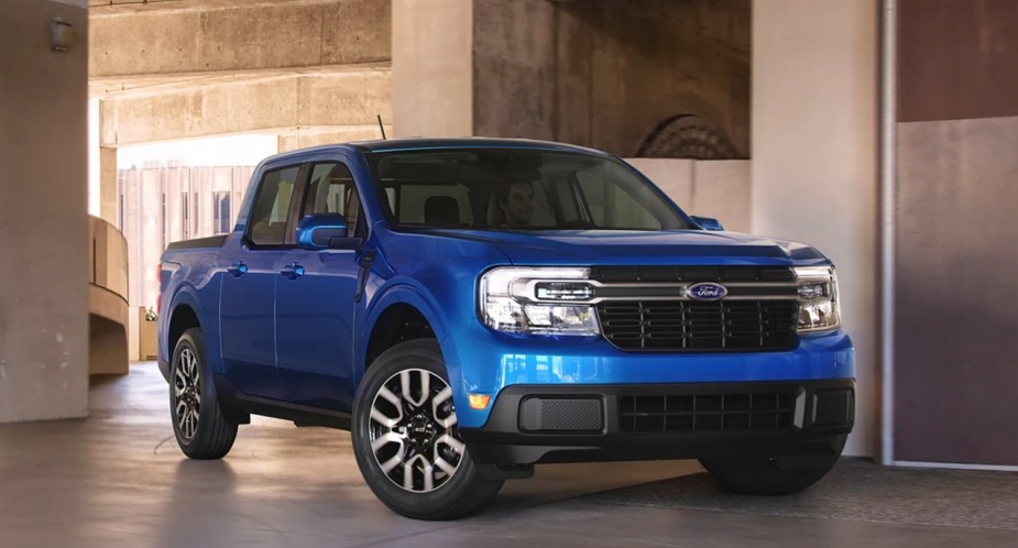 A blue 2023 Ford Maverick small pickup truck. Could it be a PHEV soon?