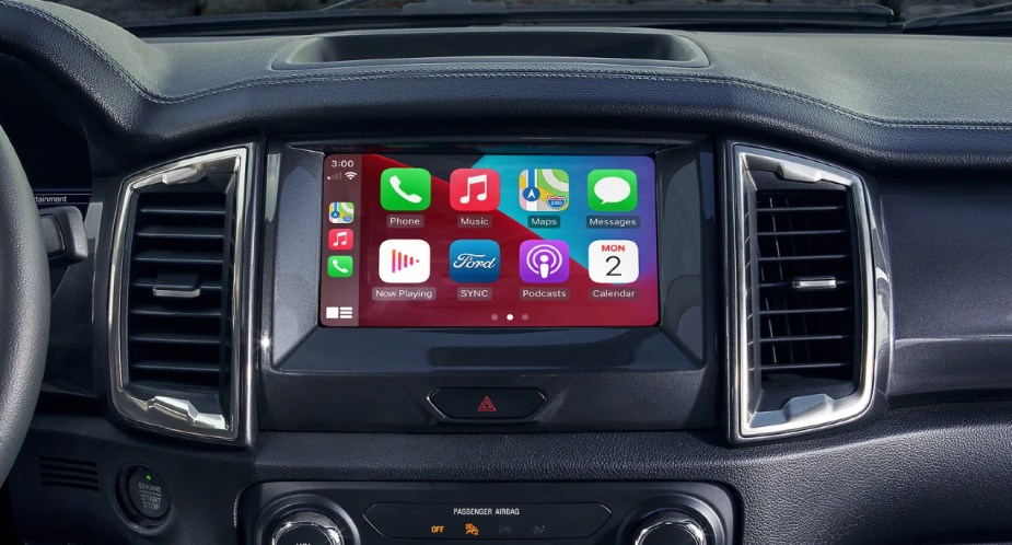 The infotainment system inside a 2023 Ford Ranger midsize pickup, which had advantages over the Ford Maverick. 