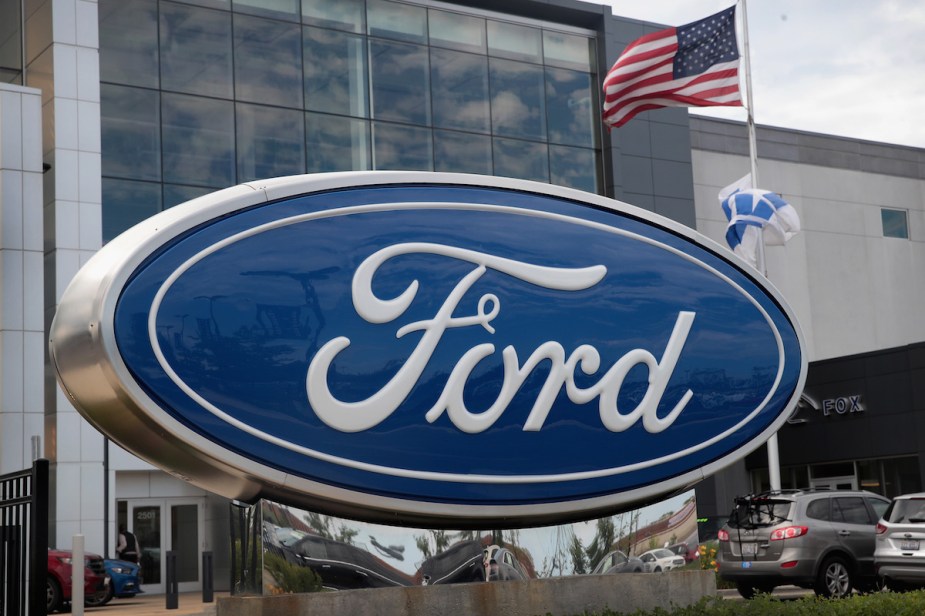 Ford logo at a Ford dealership where you can potentially buy a used Ford. 