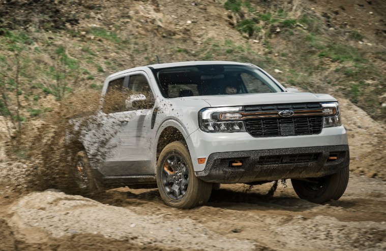 A 2023 Ford Maverick Tremor shows off its capability as a small, off-road truck.