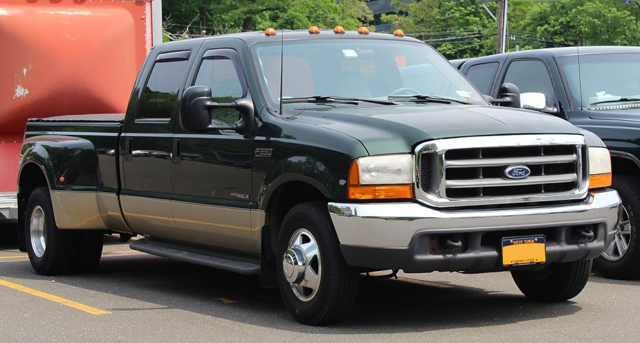 A green 2000 Ford Super Duty with the 7.3-liter Power Stroke diesel engine. 