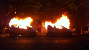 French Autolib electric pick-up service cars on fire on a Paris street