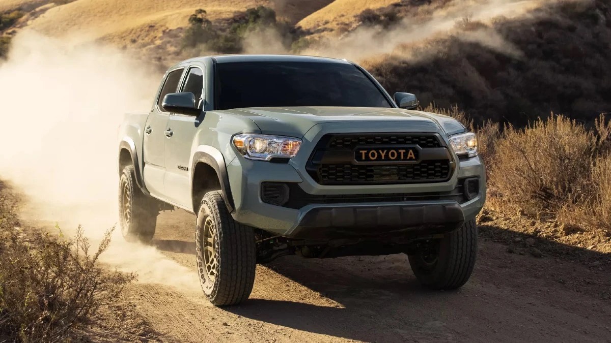 Front angle view of gray 2023 Toyota Tacoma midsize pickup truck