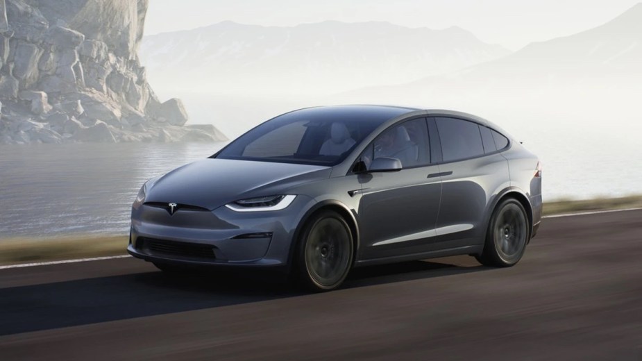 Front angle view of gray Tesla Model X, highlighting how EVs could kill AM radio