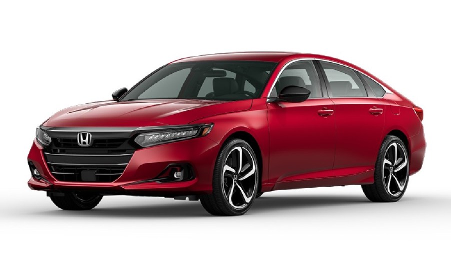Front angle view of red 2022 Honda Accord Sport Special Edition (SE) midsize sedan