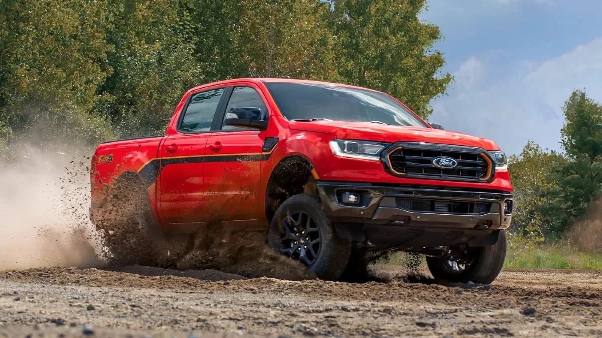 Front angle view of red 2023 Ford Ranger pickup truck