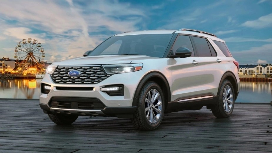 Front angled view of white 2023 Ford Explorer midsize SUV