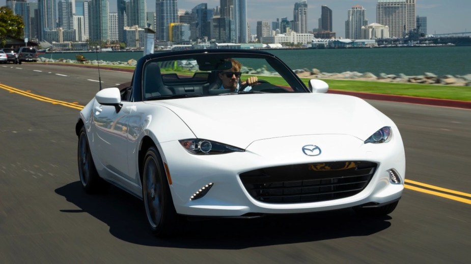 Front angle view of 2023 Mazda MX-5, affordable Chevy Corvette sports car alternative that costs under half the price