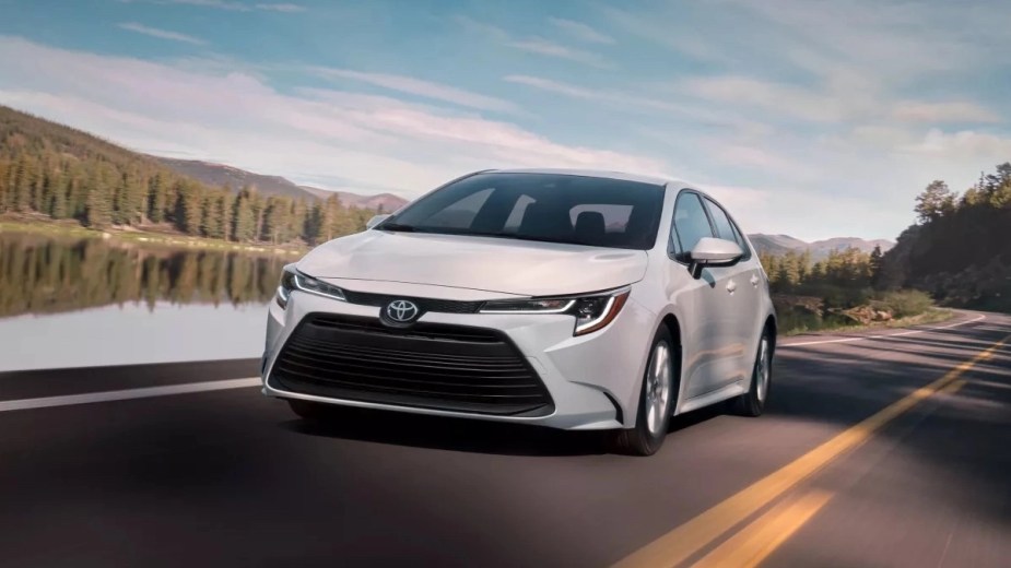 Front angle view of white 2023 Toyota Corolla, cheapest new Toyota and one of world’s best-selling cars