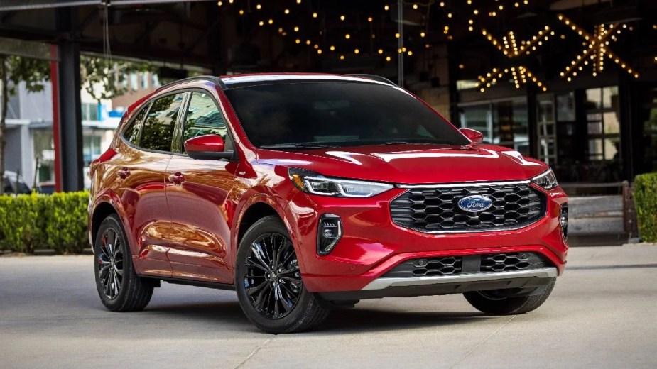 Front angle view of red 2023 Ford Escape Plug-In Hybrid, the 2023 Ford SUV with the best gas mileage