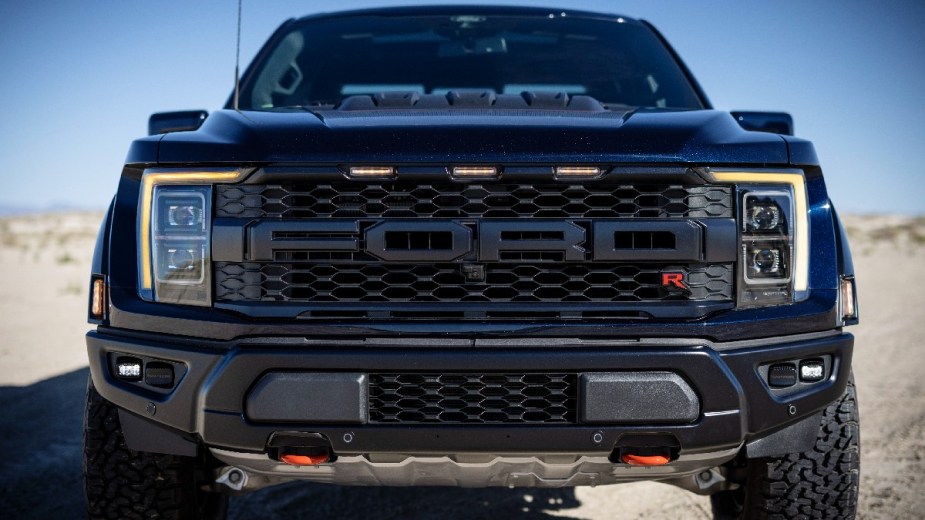 Front view of Ford F-150 Raptor R, highlighting big trucks and SUVs that kill progress on climate change, per EPA 