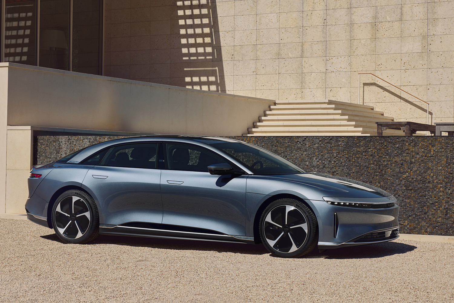 Side view of the Lucid Air Pure, an electric luxury sedan