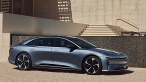 Side view of the Lucid Air Pure, an electric luxury sedan