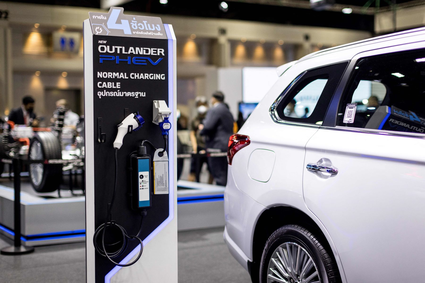 The charging cable of a Mitsubishi Outlander PHEV at the Thailand International Motor Expo 2021