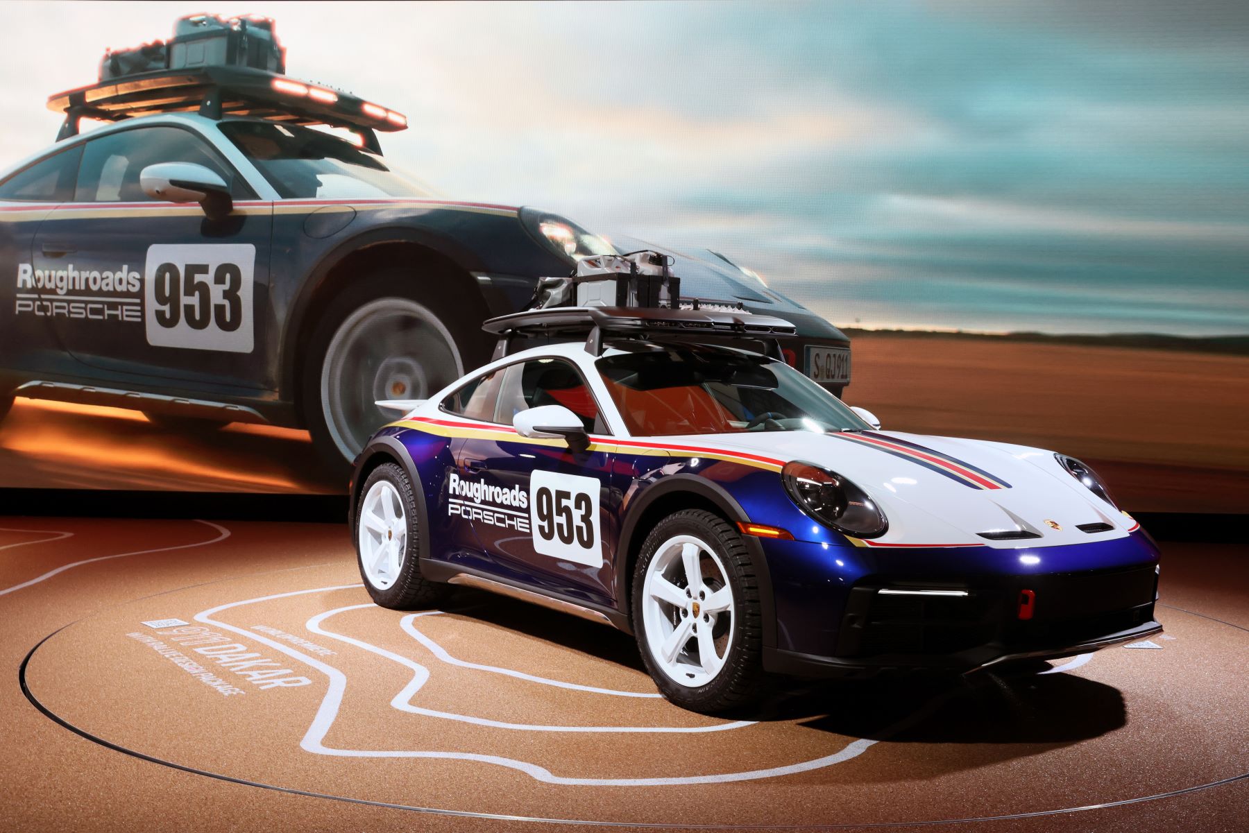 The Porsche 911 Dakar sports car on display at the Los Angeles Auto Show