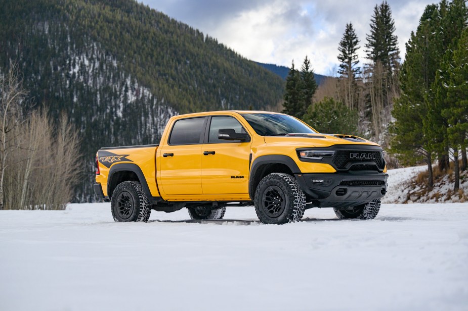 A bright yellow Ram TRX Havoc Edition parked in the snow. The super truck looks better in yellow.