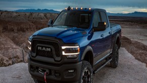 A blue RAM HD truck parked outdoors.