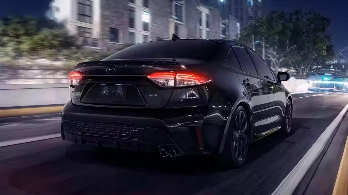 Rear angle view of black 2023 Toyota Corolla, cheapest new Toyota and one of world’s best-selling cars