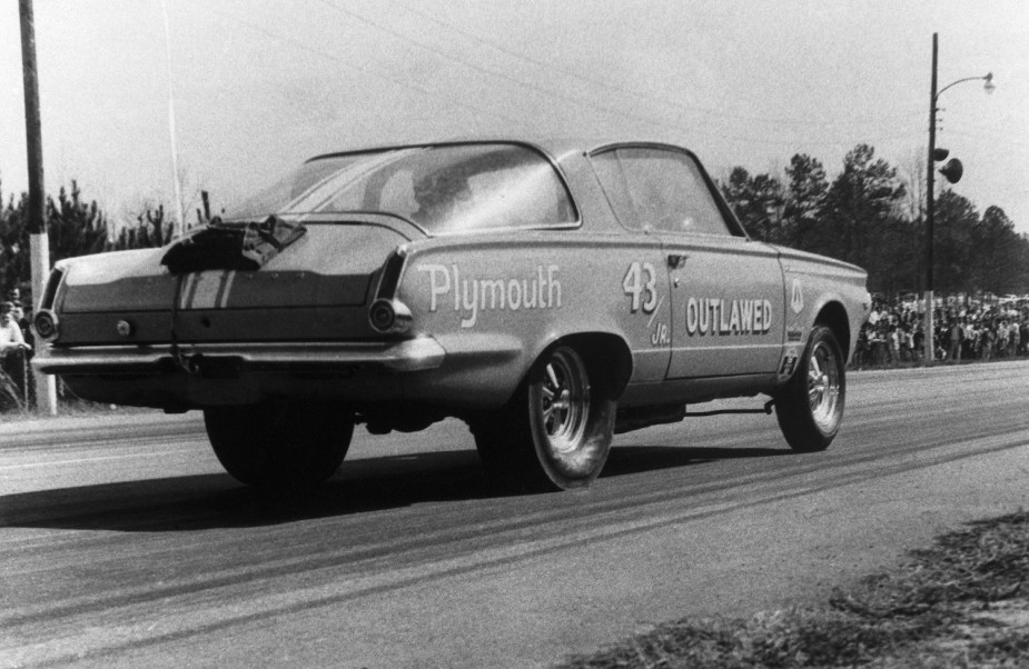 Richard Petty's Plymouth Barracuda drag race car on the track before a speed run.