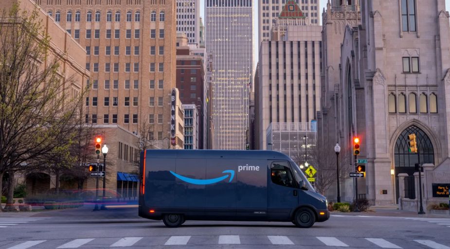 An EV delivery van made by Rivian for Amazon. 