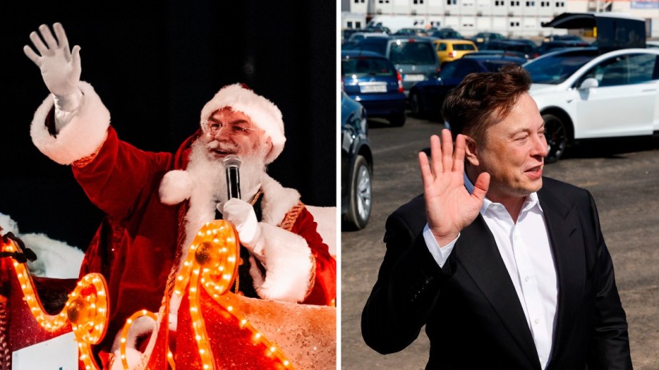 Santa Claus in a sleigh and Elon Musk by some Tesla vehicles, highlighting who is faster