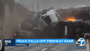 Semi-truck crash shows truck falling off overpass