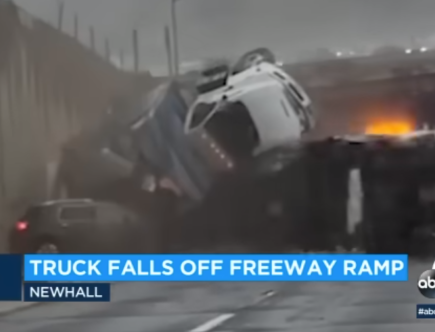 Chaos Ensues When Semi-Truck Rolls Off Overpass onto Another Crash Site