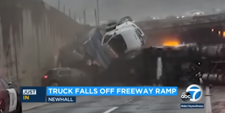 Semi-truck crash shows truck falling off overpass
