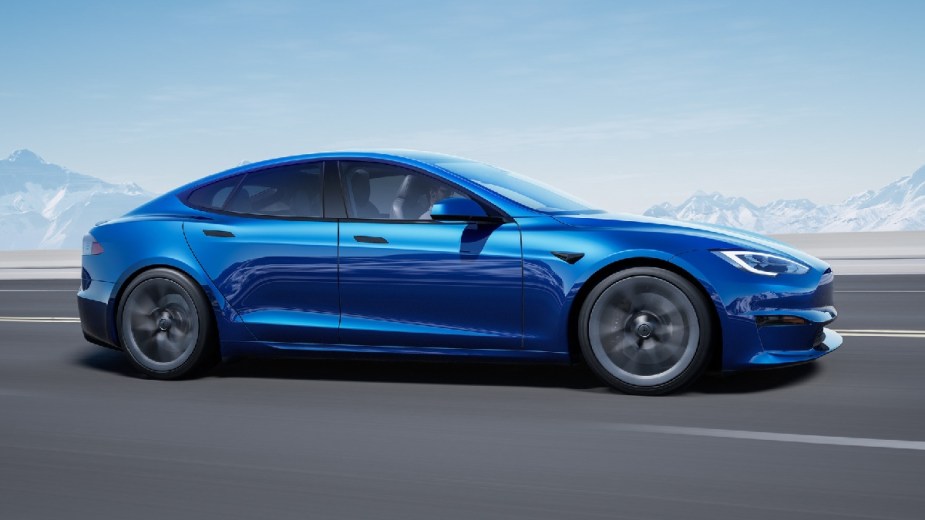 Side view of blue Tesla Model S electric car, the Tesla vehicle with the highest driving range