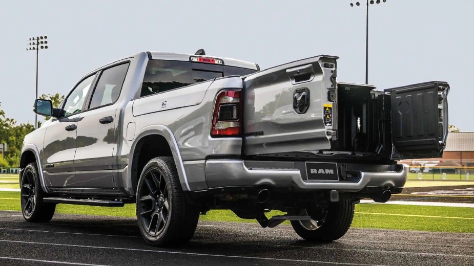 Tailgate on silver 2023 Ram 1500, only new full-size pickup truck recommended by Consumer Reports in 2023