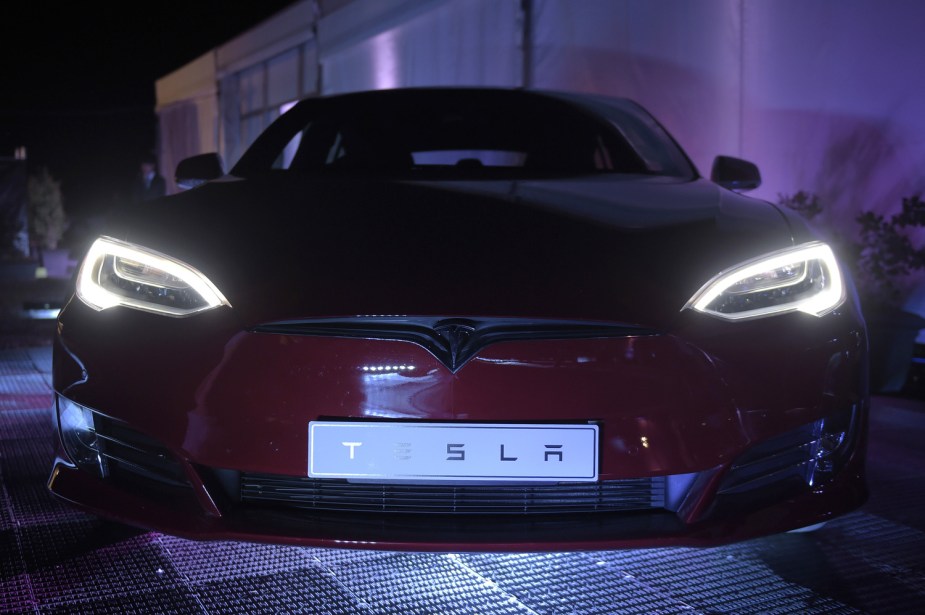 A Tesla Model S is on display